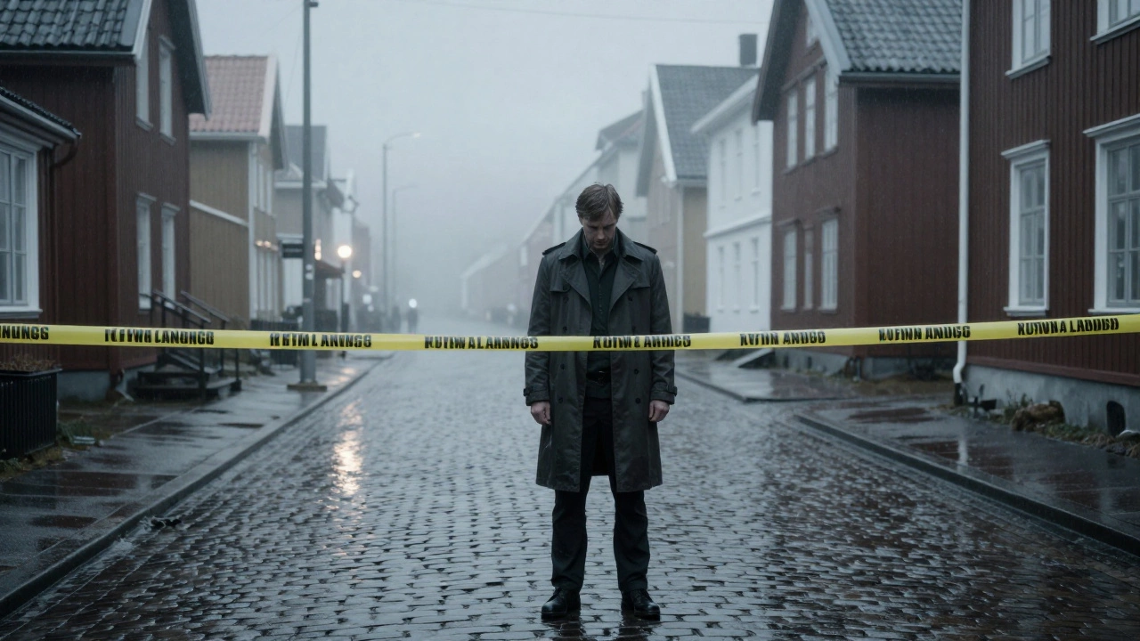 Solitary detective in foggy Swedish town, atmospheric Nordic noir setting