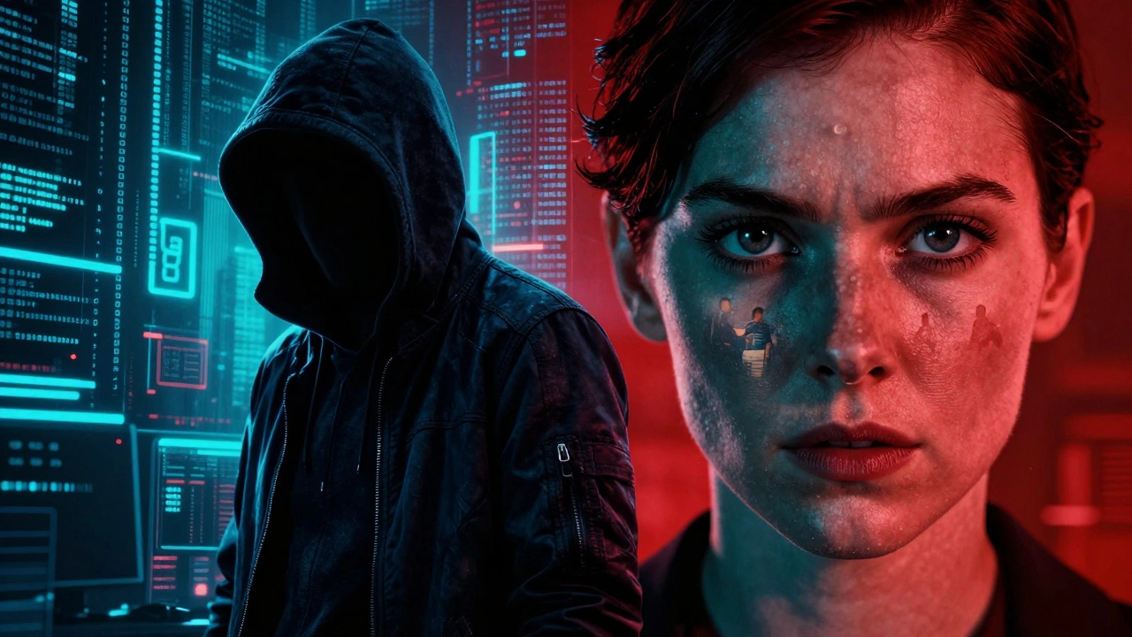 Split image of hacker and profiler, dynamic thriller movie poster style