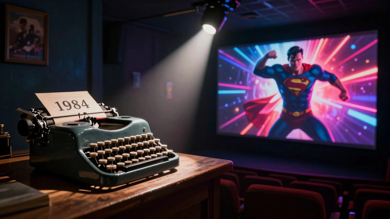 Split scene contrasting a vintage book with a modern superhero movie screen.