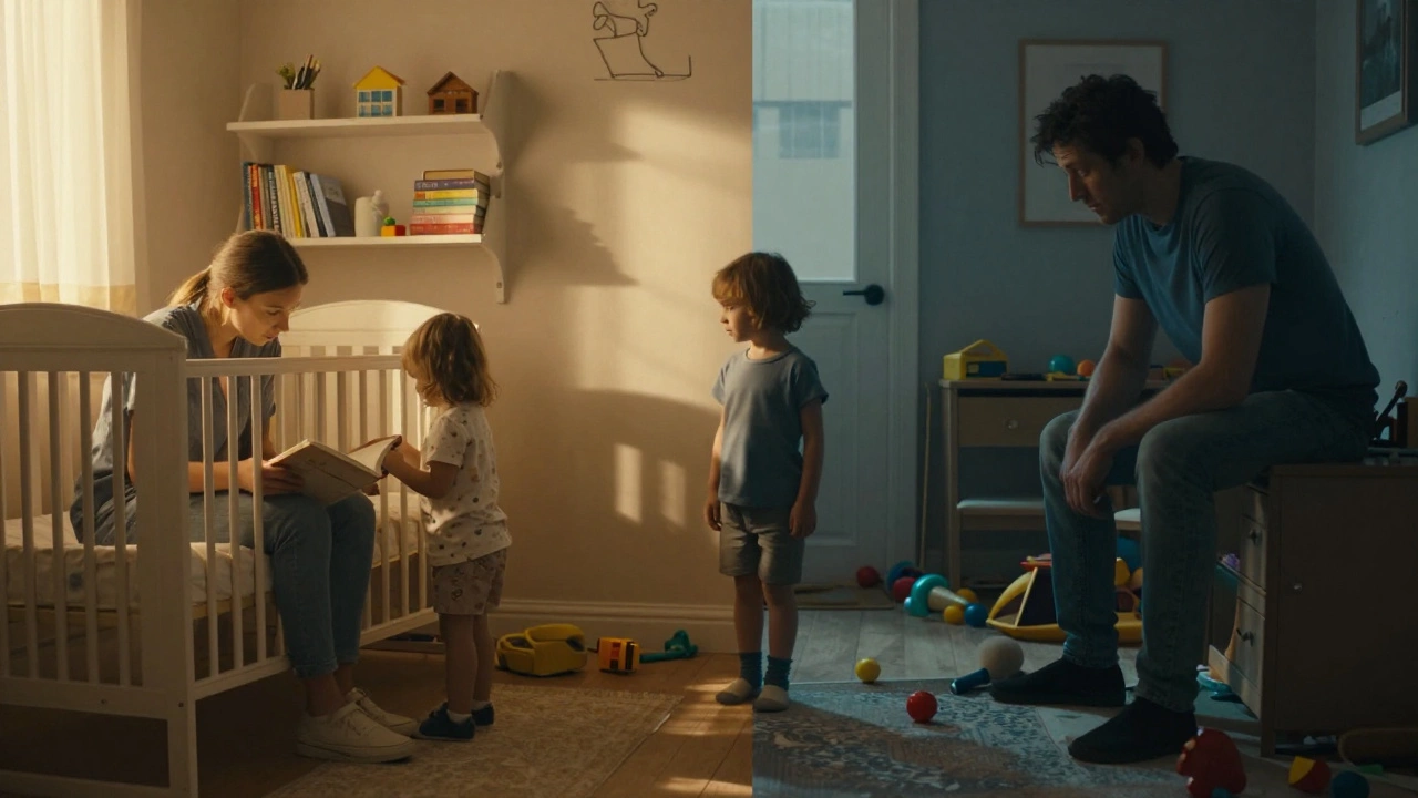 Split scene showing calm versus chaotic home environments influencing a child's development