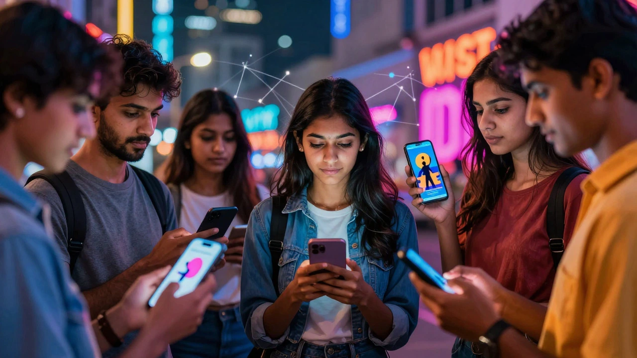 Young people holding phones displaying abstract memes and campaign visuals.