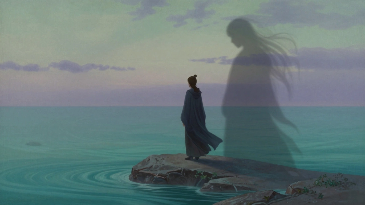 Young wizard confronting shadow self on tranquil island