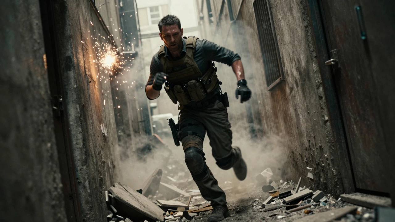 A mercenary sprints through a chaotic, smoke-filled hallway during a gunfight.