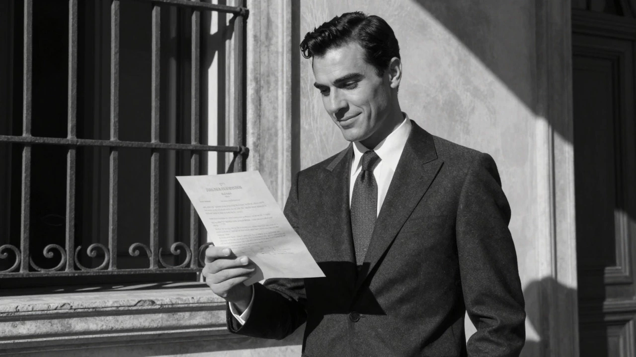 A stylish man in a suit stands in black and white sunlight holding a document.