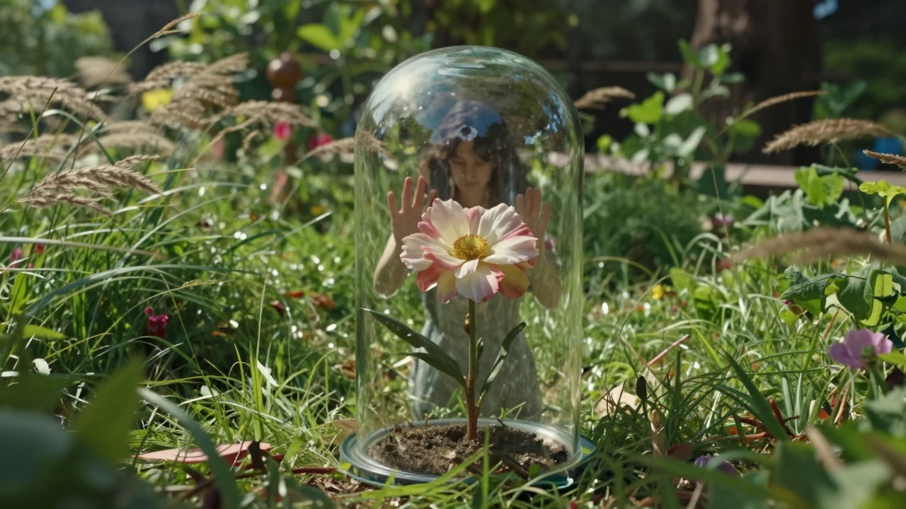 A surreal glass bell jar traps a flower in a sterile space, contrasting with the wild nature outside