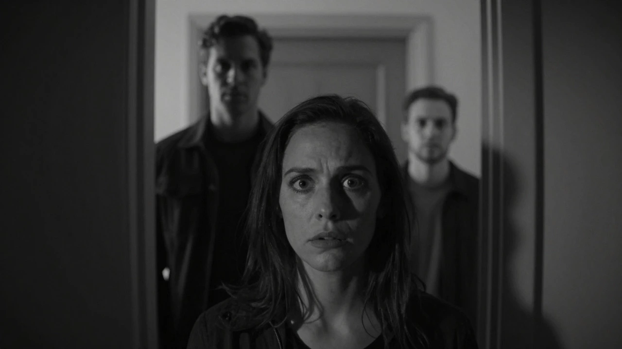 A woman's shadowed face reflects two men, symbolizing the paralyzing choice between two restrictive paths