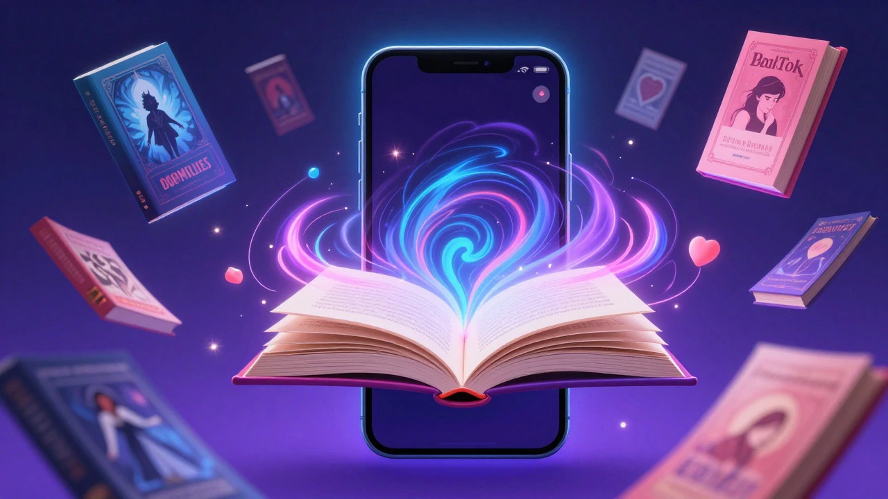 Abstract digital art of a phone screen transforming into floating books