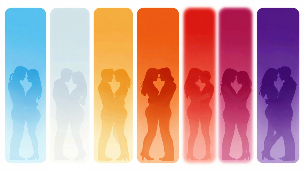 Abstract gradient art showing five levels of romance heat from cool blue to hot red