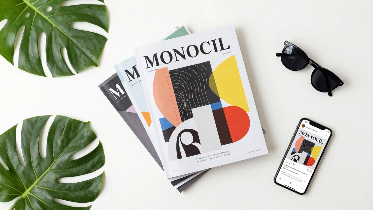 Aesthetic flat lay of niche magazines, plants, and phone showing social media.