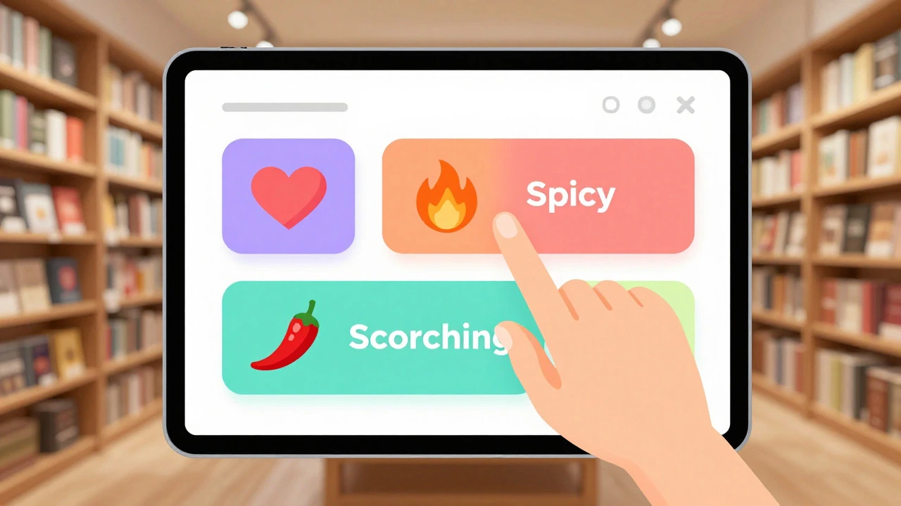 Digital tablet displaying colorful romance genre tags like sweet and spicy