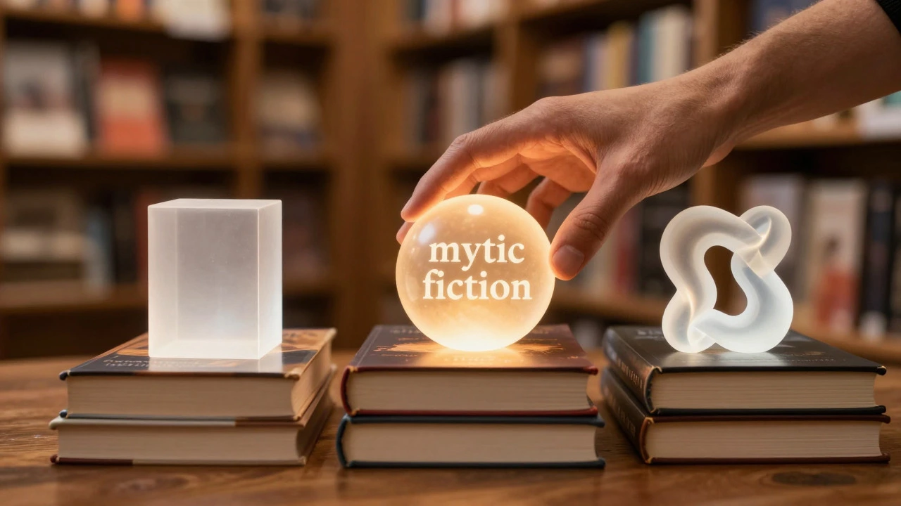 Hand reaching for a glowing abstract shape representing hybrid book genres
