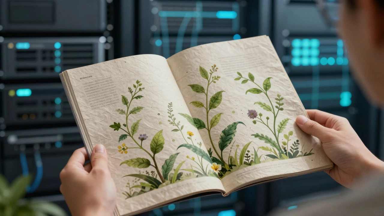 Hands holding a sustainable magazine with vines growing from its pages.