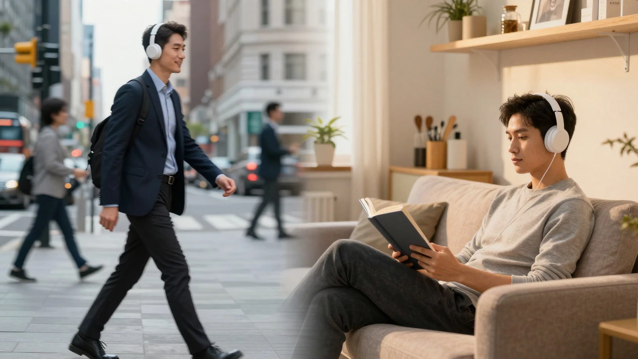 Split image of a person walking in the city and relaxing at home with headphones