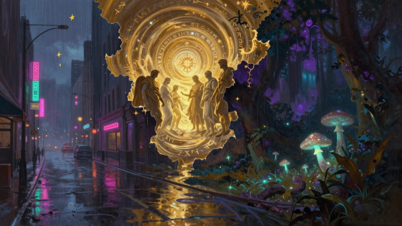 Surreal digital art showing a blend of city, myth, and fantasy landscapes