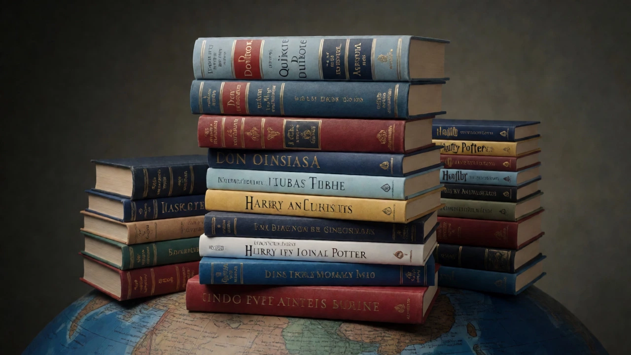 A conceptual stack of classic books with Don Quixote at the top.
