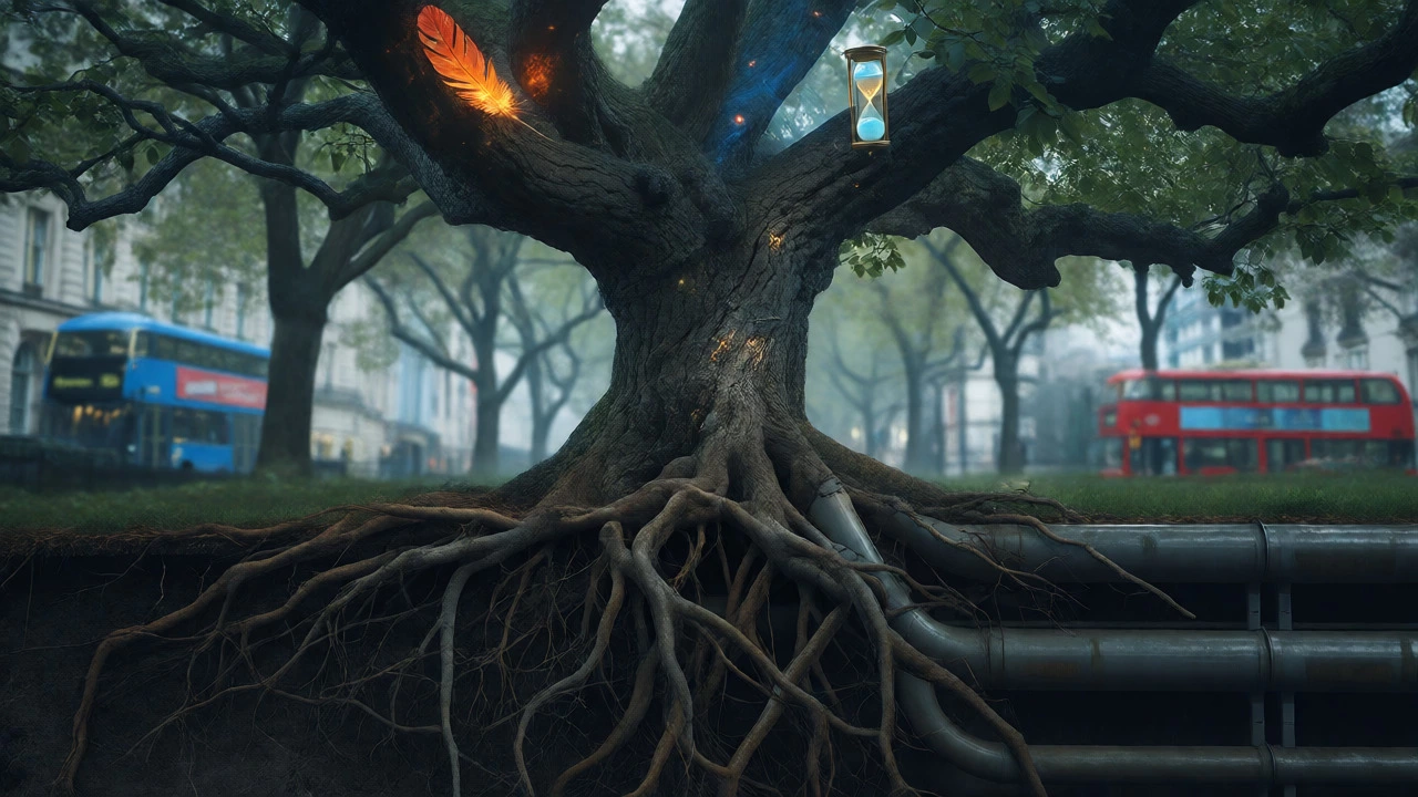 Ancient tree with magical roots intertwined with city infrastructure, symbolizing the hidden wizarding world beneath London.
