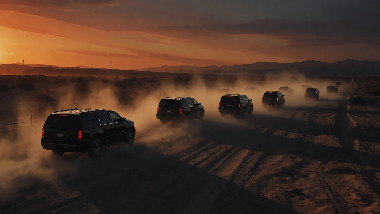 Black SUVs driving through a dusty desert border crossing at dusk