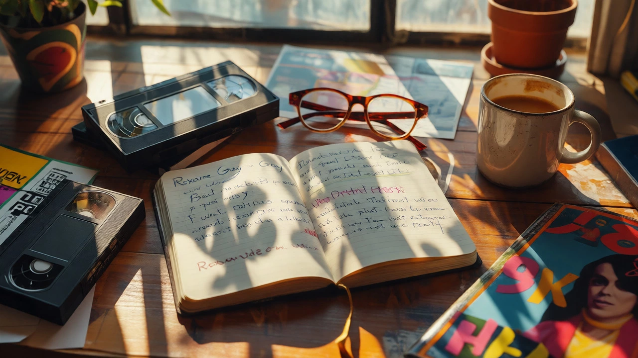 Cluttered desk with notebook, VHS tape, and coffee under sunlight