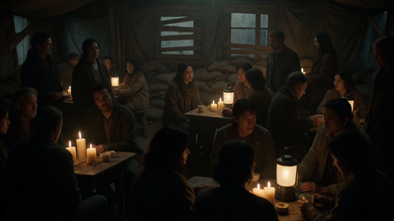 Community gathering by candlelight during a climate-induced power outage.