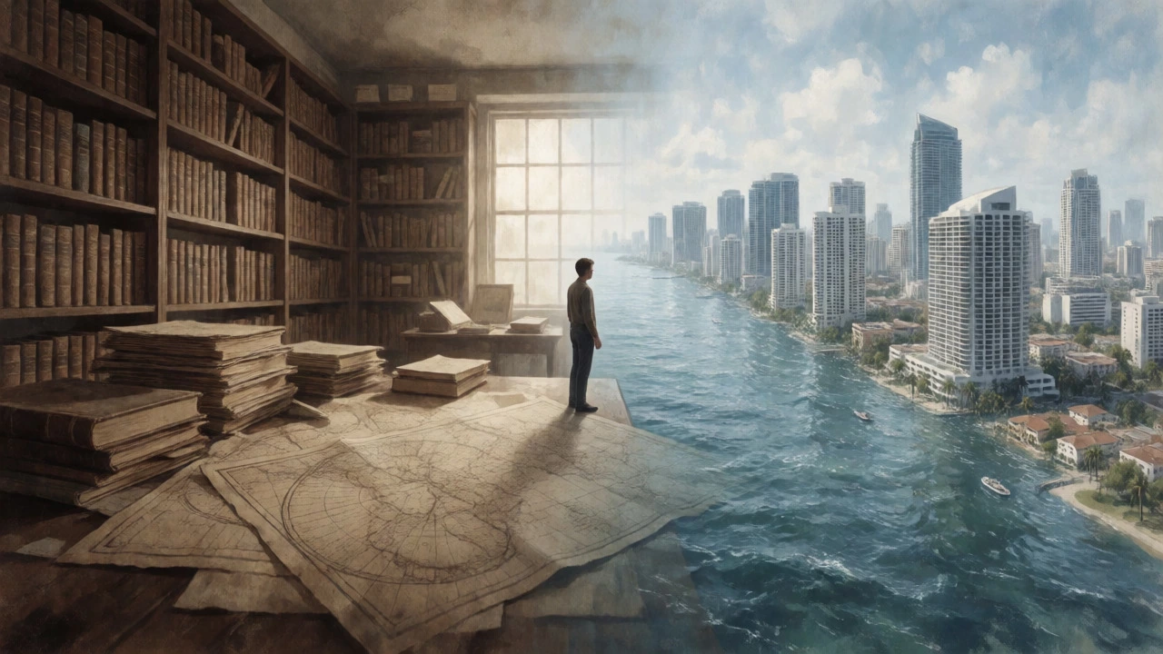 Conceptual art blending historical archives with a flooded futuristic city.