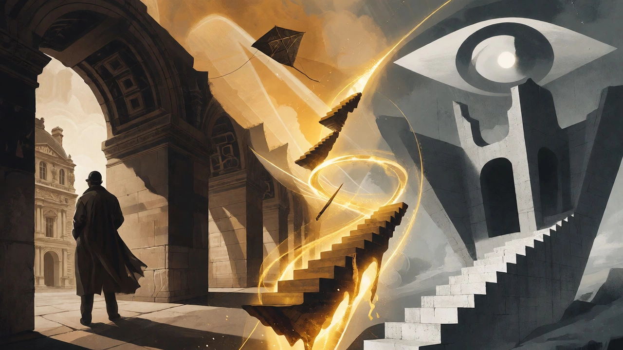 Conceptual art blending mystery, fantasy, and dystopian themes
