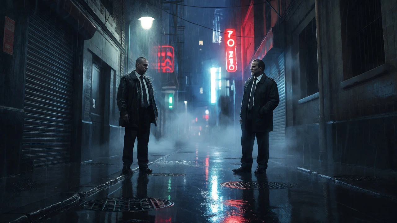 Detectives in a rainy, neon-lit alleyway at night