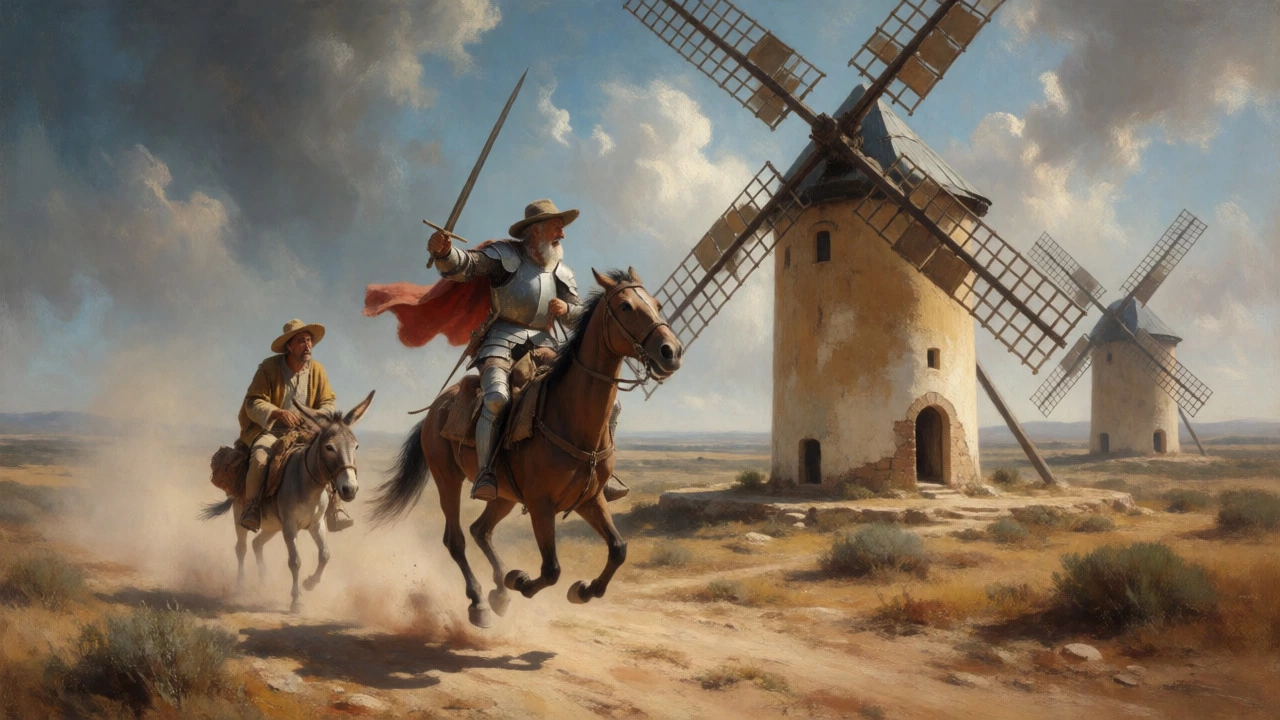 Don Quixote charging at windmills with Sancho Panza in La Mancha.