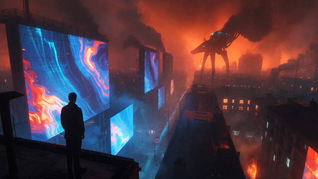 Dystopian city with giant screens and mechanical hound