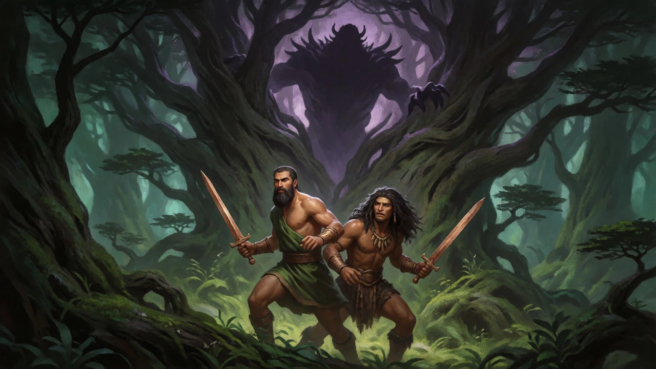Gilgamesh and Enkidu battling the monster Humbaba in a cedar forest
