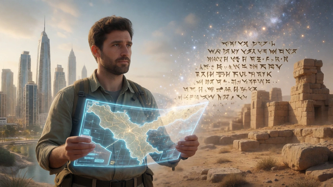 Modern explorer holding a map merging with ancient cuneiform symbols