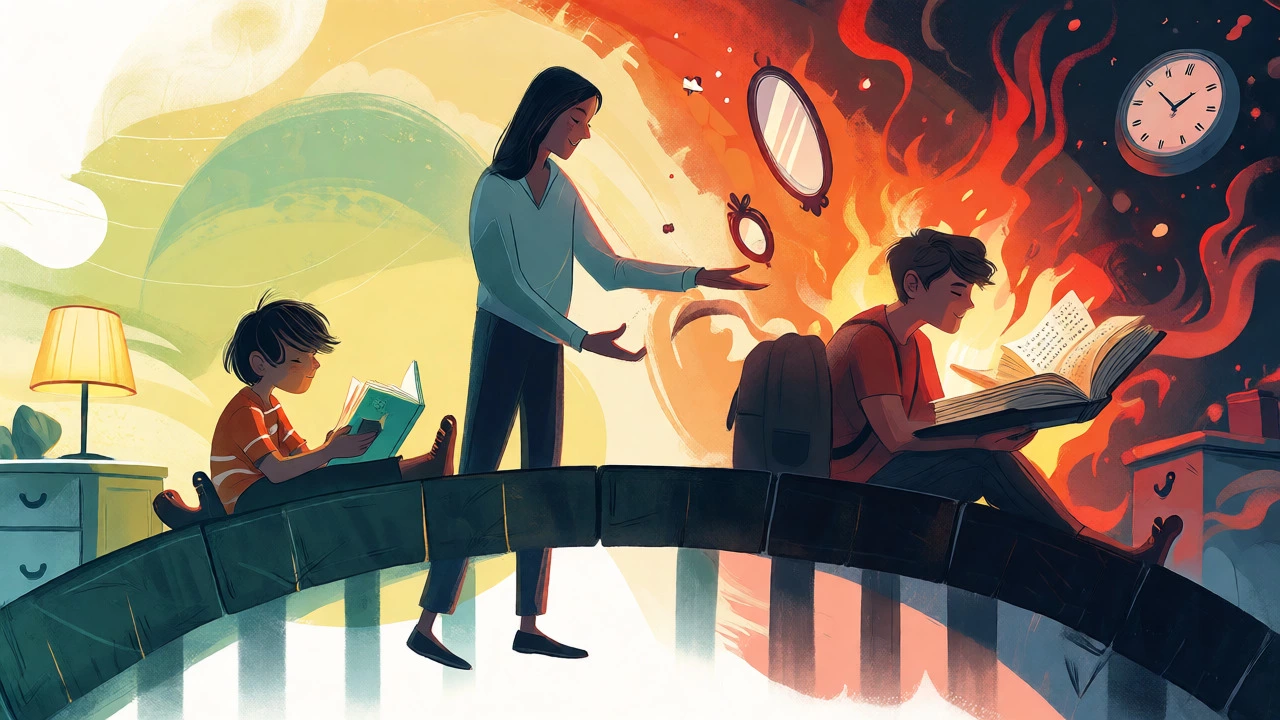Parent guiding child from simple books to complex novels