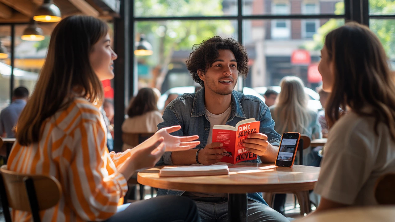 Two friends discussing a romance novel at a bright city cafe