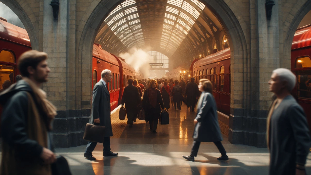 View through a station pillar revealing the magical Platform 9¾ amidst the gray reality of King's Cross Station.