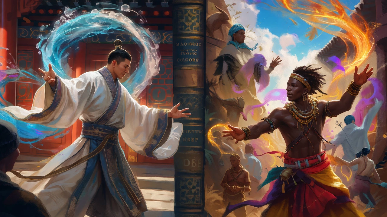 Conceptual art blending Chinese and West African historical settings with elemental magic.