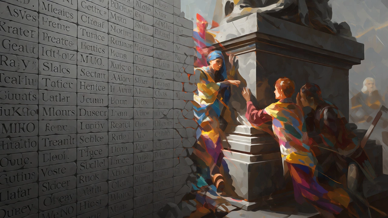 Fictional characters weaving through a stone timeline of historical events.