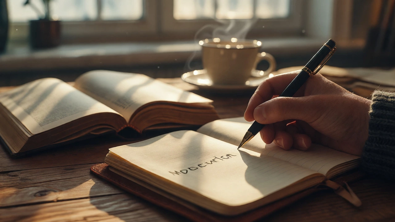 Hand writing one action item in a journal beside an open book