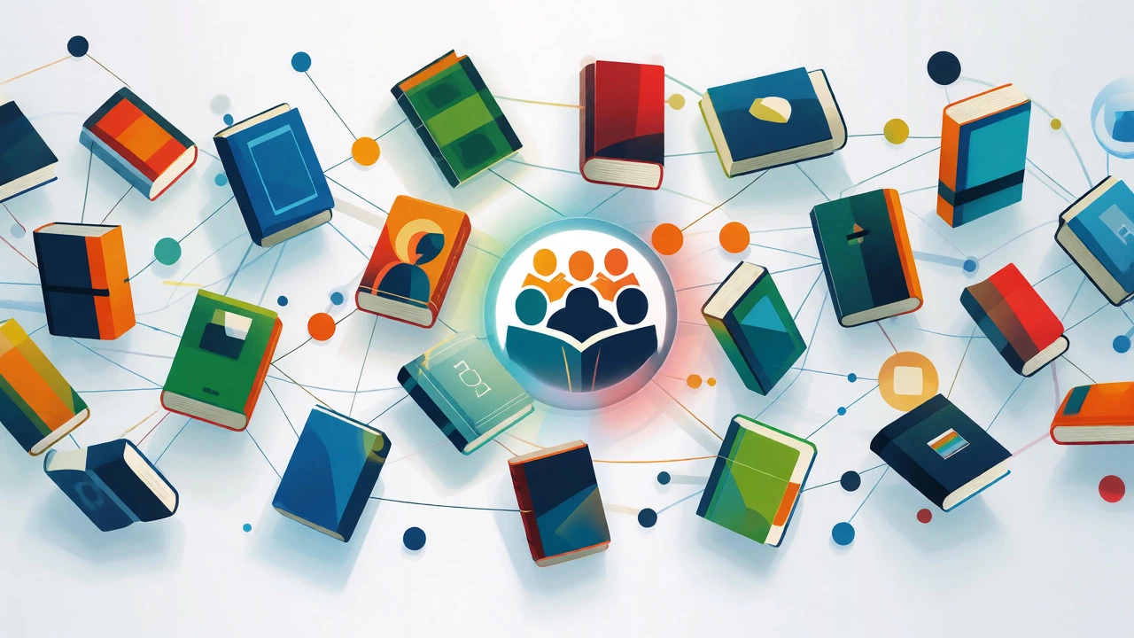 Illustration of connected books representing social reading community