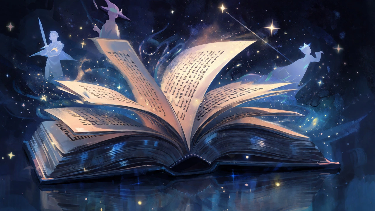 Open book dissolving into a starry galaxy with floating silhouettes of literary characters.