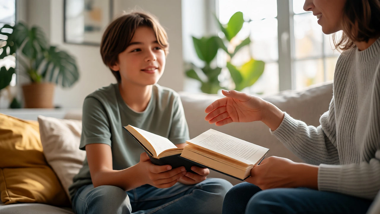 Parent and child sharing a book during a chapter swap session