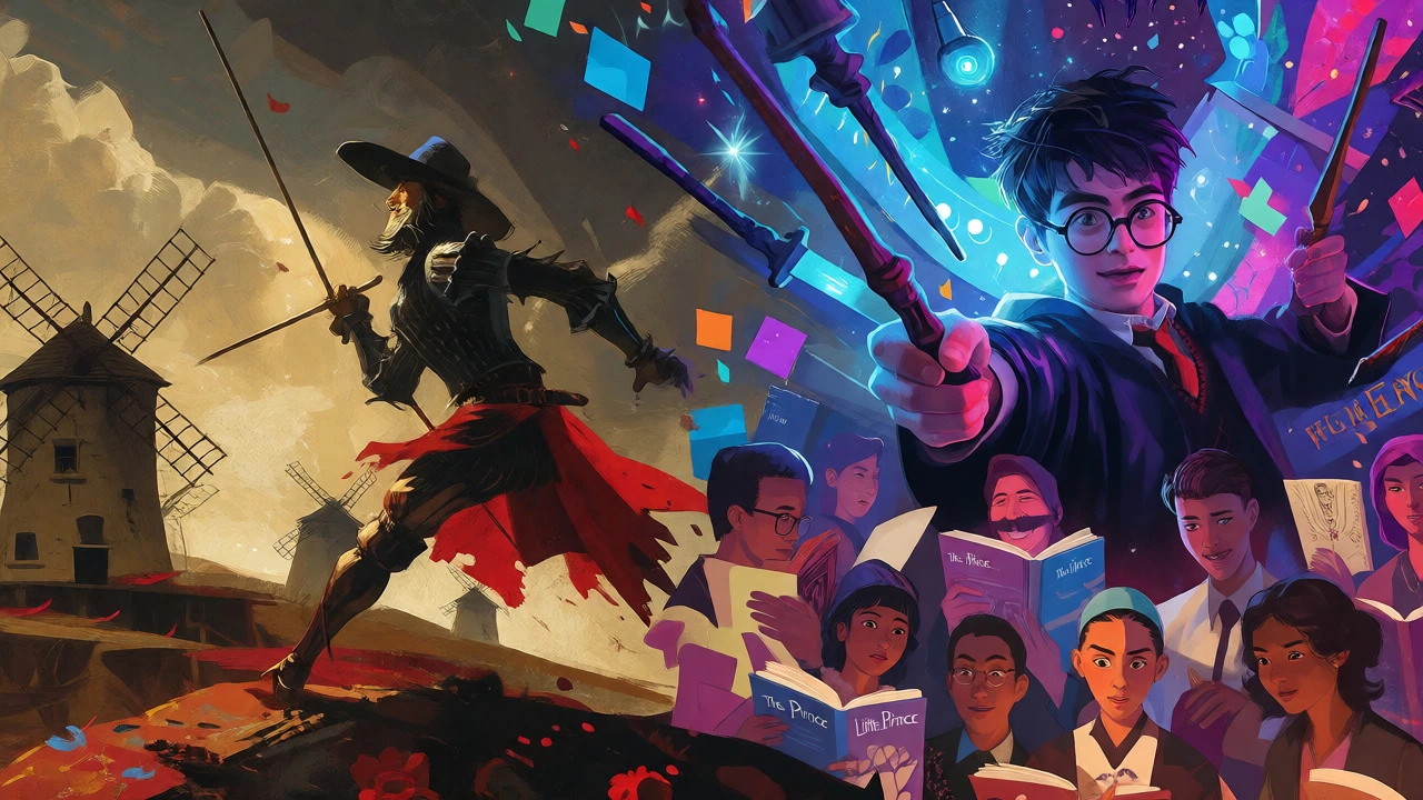 Split image showing Don Quixote as a painting and Harry Potter/Little Prince as modern collage.