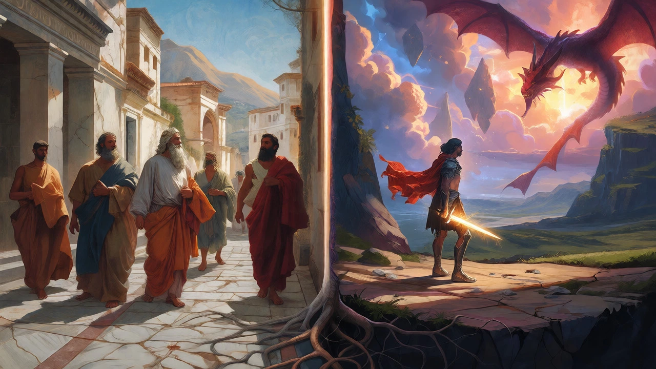 Split scene contrasting classical mythology with high fantasy art styles.