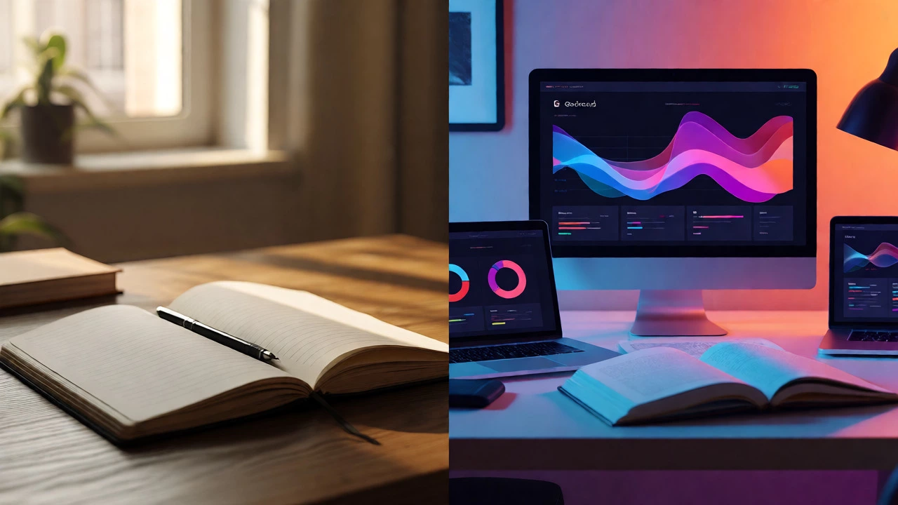 Split screen comparing simple free reading vs complex paid analytics