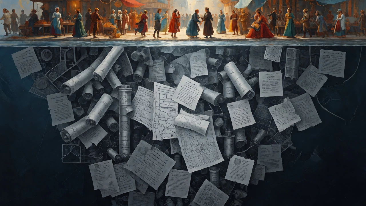 Surreal iceberg illustration showing story above water and research below.