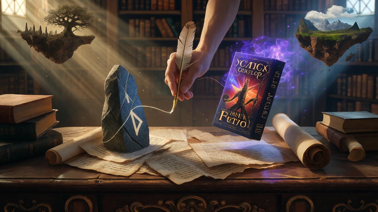 Surreal library scene with floating mythological and fantasy elements connected by light.