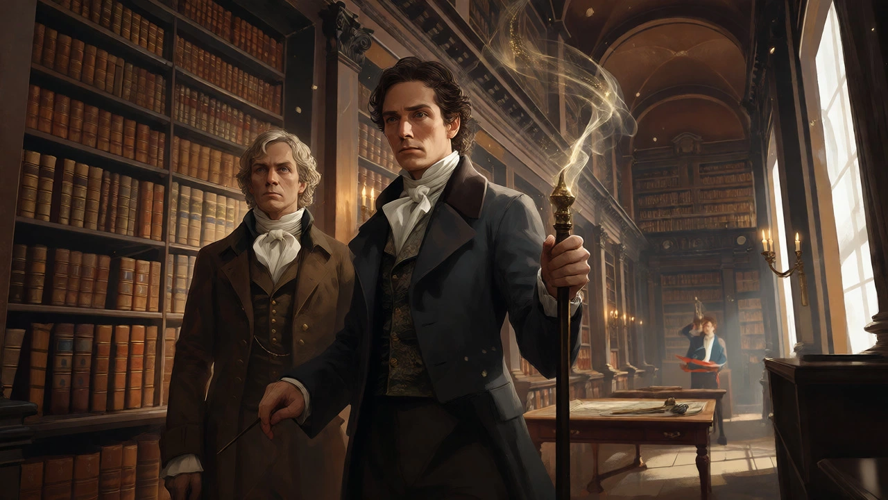 Two men in Regency-era attire performing magic in a grand library filled with old books.